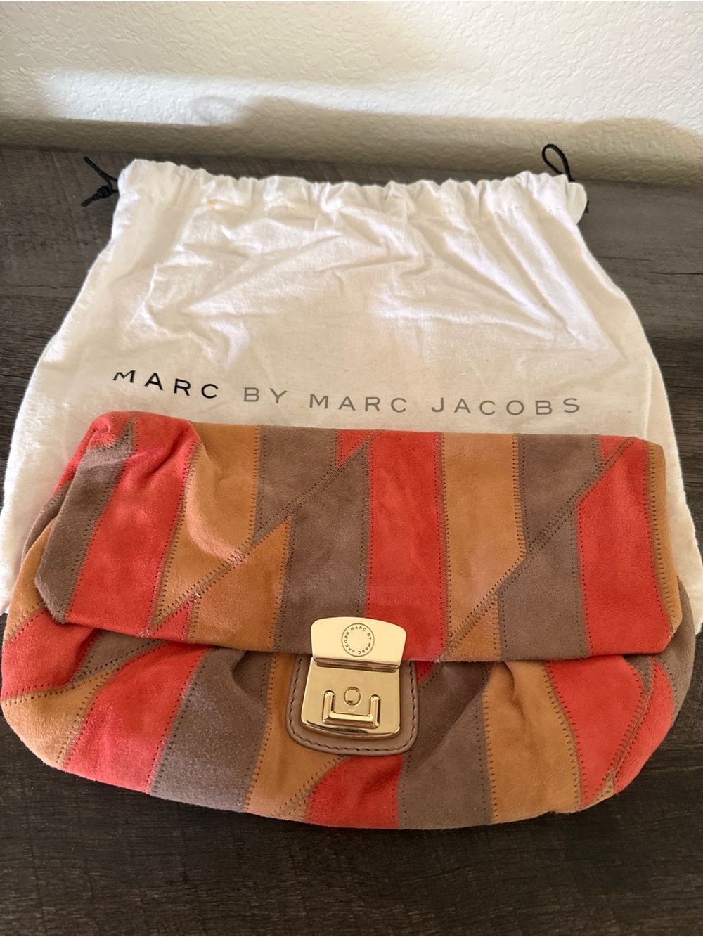 Suede Fold-Over Clutch in Red, Tan & Brown